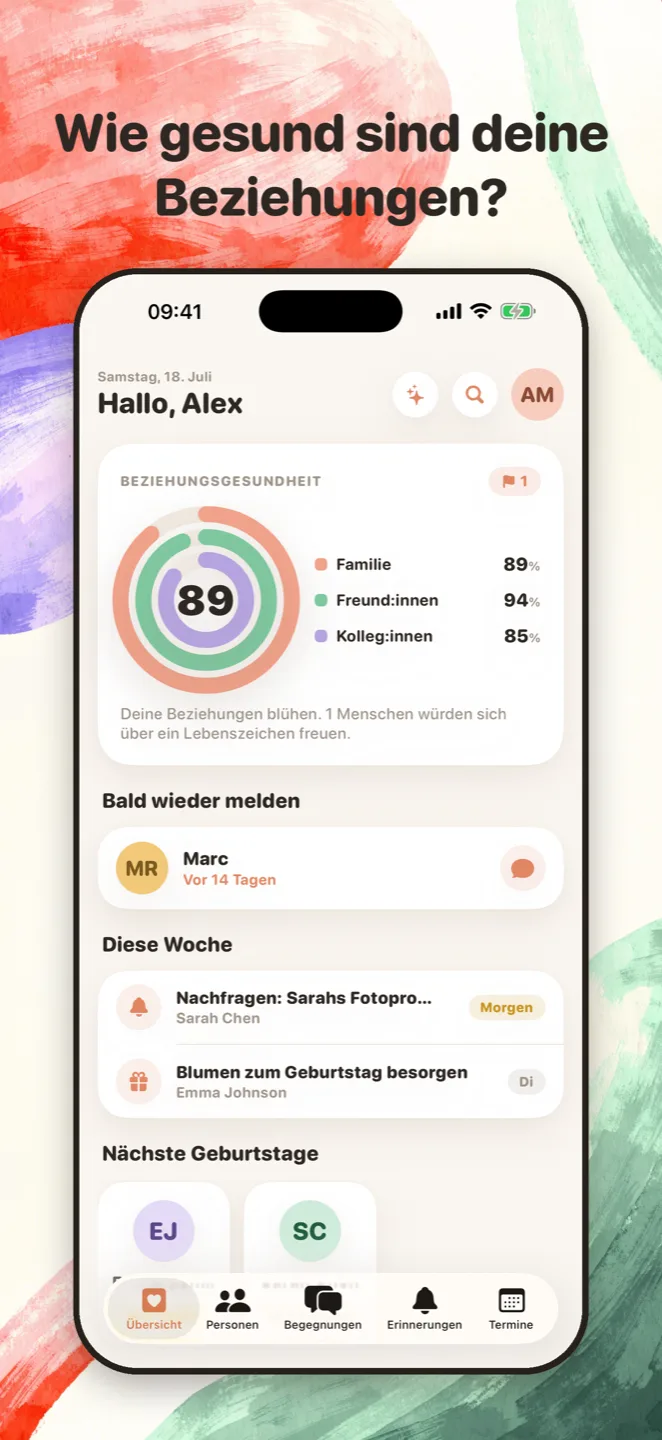 Store-Grafik „Wie gesund sind deine Beziehungen?“ — das Amae-Dashboard auf dem iPhone mit dem Beziehungsgesundheits-Ring in den drei Kategorie-Farben