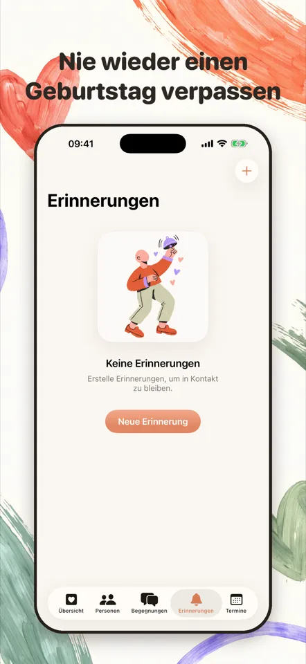 Store-Grafik „Nie wieder einen Geburtstag verpassen“ — die Erinnerungen-Ansicht mit Gouache-Illustration und dem Button ‚Neue Erinnerung‘